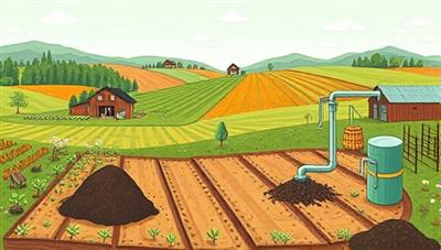 An illustration depicting a farm landscape where agricultural waste is being converted into compost piles and biogas through innovative technology, showcasing the transformation of waste into valuable resources in a green and sustainable manner.