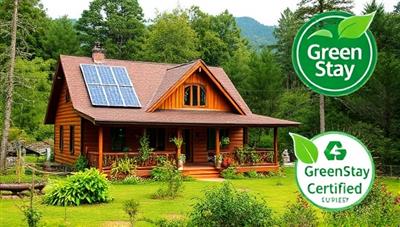 A picturesque eco-lodge nestled in a lush forest setting, showcasing solar panels, rainwater harvesting systems, and organic gardens as sustainable features, symbolizing the commitment to green practices and responsible tourism at GreenStay Certified accommodations.