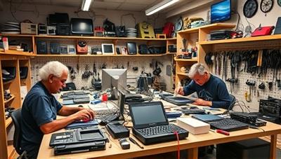 An innovative tech repair workshop with technicians working on disassembled devices, shelves stocked with refurbished gadgets, and a showcase of upcycled tech art pieces, promoting the sustainability and creativity of ReTech Hub.