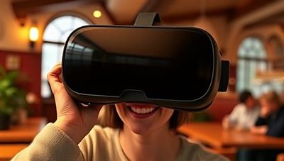 An immersive VR headset displaying a language learner experiencing a virtual French cafe environment, interacting with animated characters and practicing conversational French, creating a realistic and engaging language immersion experience in virtual reality.