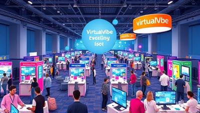 An immersive digital illustration of a virtual event space filled with interactive booths, engaging activities, and virtual attendees networking and participating in various online sessions, capturing the vibrant and dynamic essence of VirtualVibe Events' virtual experiences.