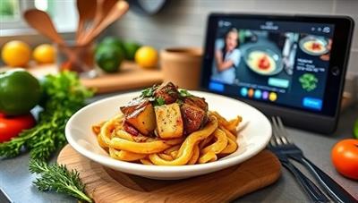 An appetizing image of a beautifully plated dish prepared during a live cooking session from CookingCanvas, showcasing fresh ingredients, kitchen utensils, and a digital screen displaying the cooking tutorial, inviting viewers to join the culinary journey of the online cooking class subscription service.