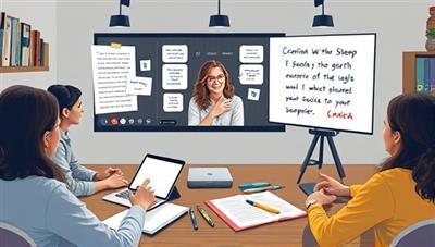 An artistic representation of a virtual writing workshop, showing participants engaged in a video conference, with digital notepads and pens, creative writing prompts on the screen, and a supportive coach guiding the session, creating a collaborative and inspiring atmosphere.