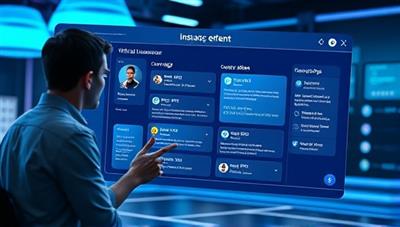 A dynamic and futuristic interface showing a user interacting with a virtual assistant that displays various insurance options and coverage details, highlighting the personalized nature of the service.