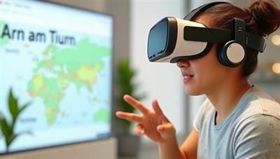 An individual wearing a VR headset immersed in a virtual environment practicing conversational language skills with a virtual avatar, illustrating the engaging and interactive nature of the VR language learning program.