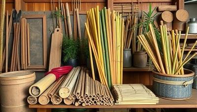 A rustic workshop setting with bamboo crafting tools, raw bamboo stalks, and finished bamboo straws displayed in an aesthetically pleasing arrangement, conveying sustainability and craftsmanship.