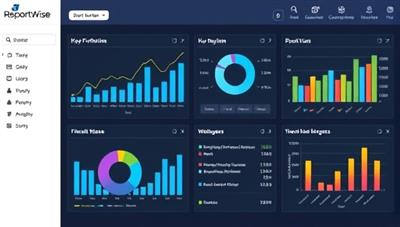 A dashboard display of ReportWise showing dynamic financial graphs and charts, highlighting key performance indicators and actionable insights for data-driven decision-making, conveying sophistication and clarity in financial reporting.