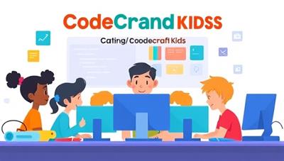 An illustration of a group of children participating in a virtual coding class on the CodeCraft Kids platform, with colorful code blocks, computers, and a friendly instructor, highlighting the interactive and educational nature of the coding bootcamp for kids.