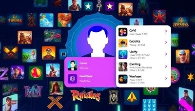 An AI interface displaying a user's gaming profile surrounded by virtual game icons, with personalized recommendations popping up based on the user's preferences and gaming behavior, illustrating the personalized and intuitive nature of the service.