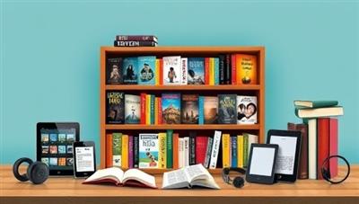 A digital bookshelf displaying a collection of e-books in various genres and styles, surrounded by e-readers, tablets, and reading accessories, symbolizing the convenience and accessibility of digital publishing and e-book distribution services offered by the platform.