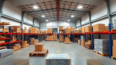 An immersive VR experience showcasing a virtual warehouse tour with detailed 3D visuals of storage facilities, equipment, and inventory, creating a realistic and engaging remote inspection experience.
