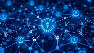 An interconnected network of blockchain nodes forming a digital web of trust, verifying insurance policies and claims in real-time with transparent audit trails and encrypted data blocks, illustrating the secure and decentralized insurance verification ecosystem enabled by InsureChain Verify.