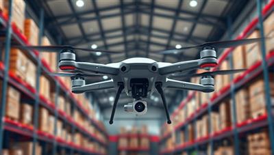 A futuristic drone hovering inside a warehouse, equipped with cameras and sensors, scanning inventory items and transmitting real-time data to a control center, illustrating the advanced and efficient monitoring capabilities of the DroneScan WareWatch service.