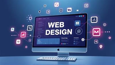 An illustration of a futuristic AI system creating a web design masterpiece, with virtual design elements floating around a computer screen, conveying innovation and creativity.