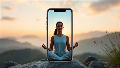 An uplifting app interface displaying a user engaging in a guided meditation session, surrounded by serene nature visuals and calming music, evoking a sense of mindfulness, tranquility, and inner peace through digital wellness coaching.