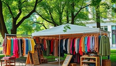 A vibrant and colorful pop-up shop set up in a park, with racks of trendy clothing, accessories, and home goods displayed under a canopy of trees, attracting environmentally conscious shoppers.
