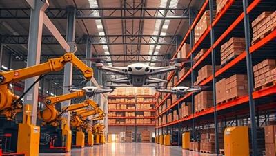 An artistic representation of a futuristic warehouse facility with robotic arms, AI-powered drones, and automated inventory systems working in harmony.