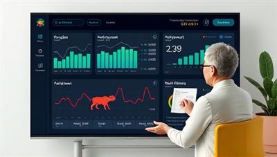 A digital financial dashboard displaying investment portfolios, budgeting tools, and retirement planning calculators, with a financial coach guiding a client through financial strategies and wealth-building techniques, illustrating financial empowerment and education in a virtual setting.