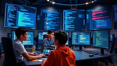 An innovative virtual coding lab environment with teenagers engrossed in coding projects, surrounded by computer screens displaying lines of code, tech gadgets, and a futuristic digital interface, fostering creativity and problem-solving skills in young tech enthusiasts.