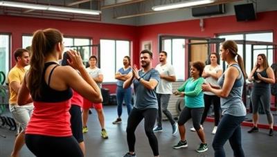 An energetic group of participants engaged in a financial fitness workshop, with a mix of physical exercises and financial discussions taking place in a vibrant and motivating gym setting. The image conveys a sense of teamwork, motivation, and empowerment in achieving financial goals.