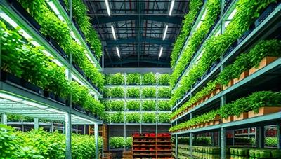 An imaginative visualization of the SkyHarvest Warehouse interior with vertical farming towers filled with lush greenery under LED grow lights, showcasing a futuristic and sustainable approach to urban agriculture, surrounded by shelves of freshly harvested produce ready for distribution.