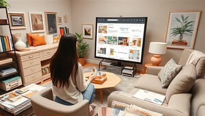 An artistic depiction of a virtual interior design consultation session, with a designer presenting digital mood boards and design concepts to a client, surrounded by swatches, samples, and room layouts, creating a visually appealing and inspiring atmosphere.