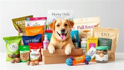 An assortment of premium pet treats, toys, and wellness products elegantly arranged in a subscription box, personalized with the pet's name and featuring a happy dog or cat enjoying the goodies, capturing the joy and excitement of receiving Pawsitively Good Boxes.