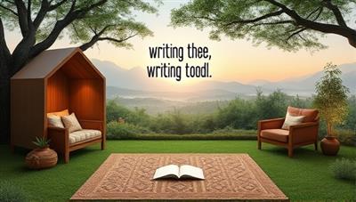 A serene digital landscape featuring a virtual writing retreat setup with cozy writing nooks, inspirational quotes, and virtual group sessions in progress, creating a tranquil and motivating environment for writers to thrive and create together.
