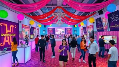 A vibrant and dynamic virtual event space with colorful decorations, interactive elements, and diverse avatars engaging in various virtual activities, conveying the concept of virtual event planning and social interaction.