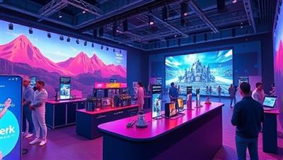 An immersive virtual environment illustration featuring a seamless integration of branded products into a virtual event scene, gaming landscape, and augmented reality setting, with digital avatars interacting with the products organically, showcasing the non-intrusive and engaging nature of virtual product placements.