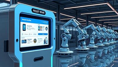 A sleek and futuristic mobile device repair kiosk featuring a touchscreen interface for selecting repair services, robotic arms working on fixing a smartphone, and a queue of devices awaiting repair, illustrating speed and efficiency in device repair.