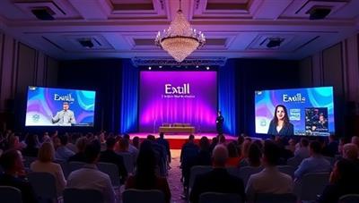 An elegant virtual event setup with a stage, audience avatars, and networking lounges displayed on a computer screen, conveying a professional and engaging virtual event experience.