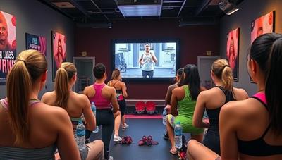 An energetic virtual fitness class scene with participants following along with an instructor on a screen, surrounded by workout equipment, water bottles, and motivational posters, creating a dynamic and active atmosphere.
