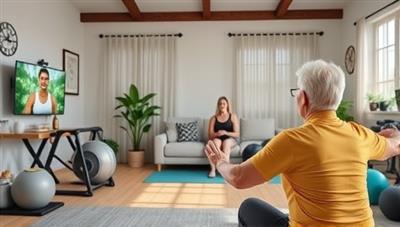 An uplifting virtual fitness session with a senior individual following the guidance of a coach on screen, surrounded by home fitness equipment and wellness resources, portraying a supportive and active lifestyle for older adults.