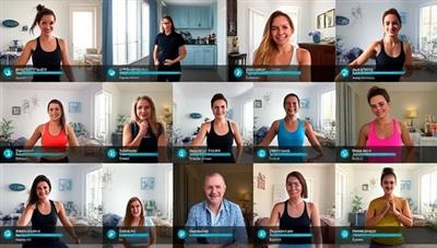 A diverse group of individuals participating in a virtual fitness challenge, each engaging in a different workout activity in their home environments, connected through a digital platform that displays real-time progress and community support, conveying the energy and camaraderie of virtual fitness challenges.