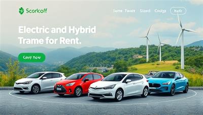 An engaging website banner showcasing a lineup of electric and hybrid vehicles available for rent, set against a backdrop of lush green landscapes and renewable energy sources, illustrating the concept of sustainable travel and eco-friendly transportation.