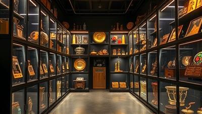 A sophisticated and elegantly designed storage gallery filled with vintage collectibles, antiques, and memorabilia displayed in custom showcase units, creating a premium storage experience for collectors and enthusiasts at RetroRelic Vault.
