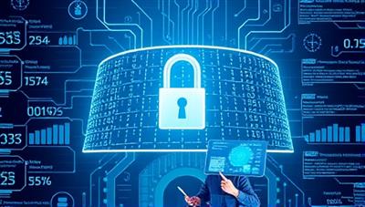 An artistic representation of a digital fortress surrounding financial data on a blockchain, with a padlock symbolizing security and transparency, and a user interacting with the platform on a tablet, emphasizing protection and control over personal finance.