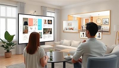 An artistic rendering of a virtual interior design consultation session, with a designer showcasing mood boards and color schemes on a digital screen while the client views room visualizations in real-time, creating an interactive and visually appealing design experience.