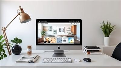 A sleek and modern home office setup with virtual design consultation software displayed on a computer screen, alongside swatches of fabric and color samples, illustrating the seamless integration of technology and design aesthetics.