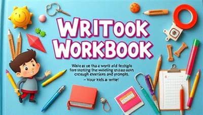 A colorful and playful workbook cover featuring animated characters and writing tools, inviting kids to explore the world of storytelling and creativity through interactive exercises and prompts.
