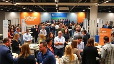 A virtual career fair setting featuring diverse professionals, industry experts, and career coaches interacting with eager attendees, exchanging insights, advice, and networking opportunities, embodying the dynamic and collaborative spirit of CareerGuidance Connect in empowering individuals to navigate their career paths successfully.