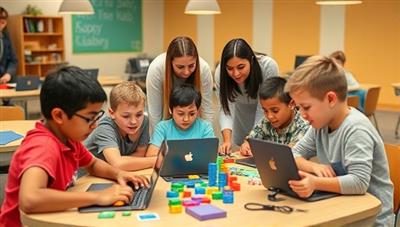 An interactive workshop scene showing kids collaborating on coding projects using laptops and colorful coding blocks, with enthusiastic mentors guiding them through the creative coding process, fostering a dynamic and engaging learning environment.