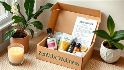 A cozy self-care corner featuring a ZenVibe Wellness subscription box opened to reveal soothing products like scented candles, herbal teas, essential oils, and a relaxation guide, creating a serene atmosphere for a mindful self-care experience.
