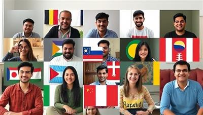 A diverse group of individuals from different cultural backgrounds engaging in a virtual language learning session, with language exchange activities, virtual flags representing various countries, and a vibrant online learning atmosphere, capturing the essence of LingoVerse's global community.