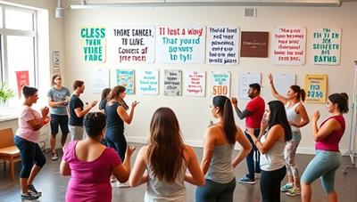 A vibrant and energetic studio setting with a group of diverse individuals engaged in a financial fitness class, surrounded by motivational quotes and financial goal boards, creating a positive and empowering atmosphere.