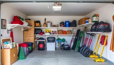 An organized and neatly arranged garage space filled with seasonal items like holiday decorations, camping gear, and sports equipment, showcasing the convenience and accessibility of SeasonalStash's affordable garage rental services for seasonal storage needs.