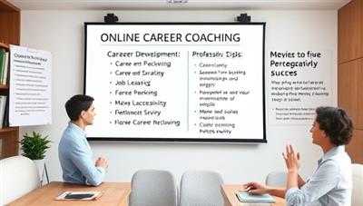 An online career coaching session scene with a virtual whiteboard displaying career development strategies, job search tips, and professional networking advice, accompanied by motivational quotes and success stories, inspiring users to take proactive steps towards their career goals.