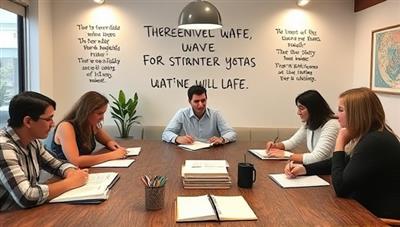 A virtual writers' cafe with members participating in a creative writing session, surrounded by notebooks, pens, and inspirational quotes on the walls, fostering a sense of camaraderie and inspiration for storytelling and literary exploration.