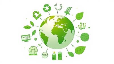 An illustration of a green globe surrounded by various sustainable icons like recycling symbols, solar panels, and green leaves, symbolizing eco-friendly consulting and global impact.